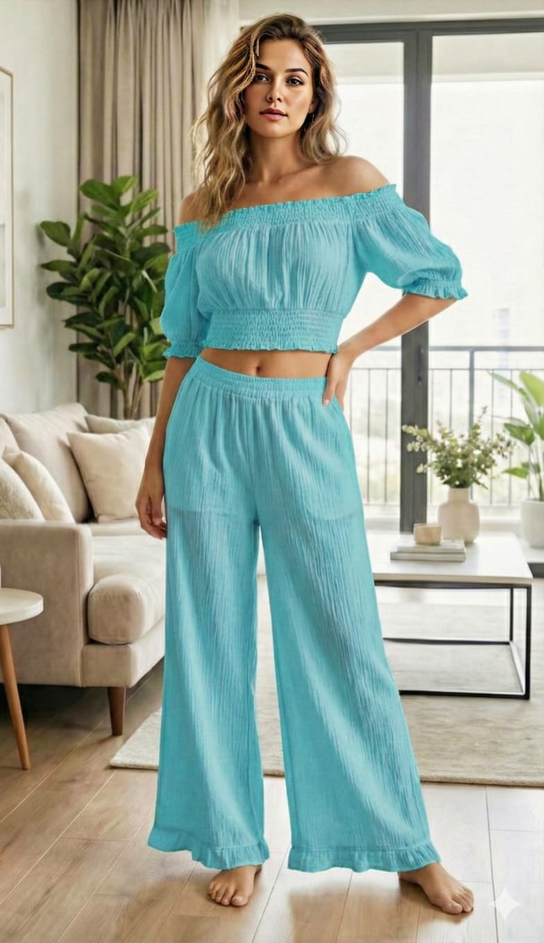 Sky Blue Off-Shoulder Top & Wide-Leg Pant Co-Ord Set