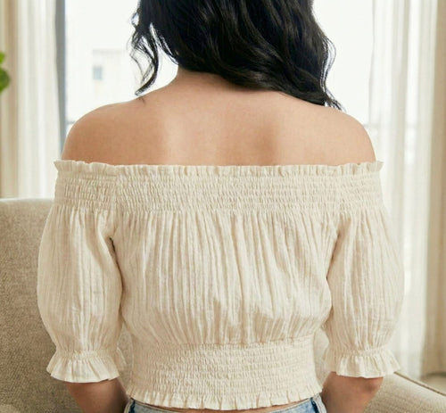 Cream Off-Shoulder Smocked Crop Top