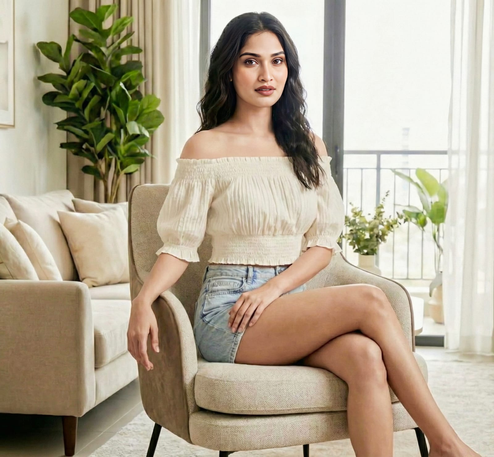 Cream Off-Shoulder Smocked Crop Top