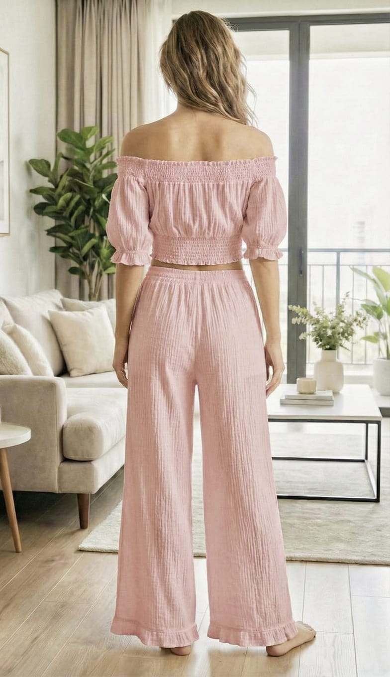 Blush Pink Off-Shoulder Smocked Top & Pant Co-Ord Set