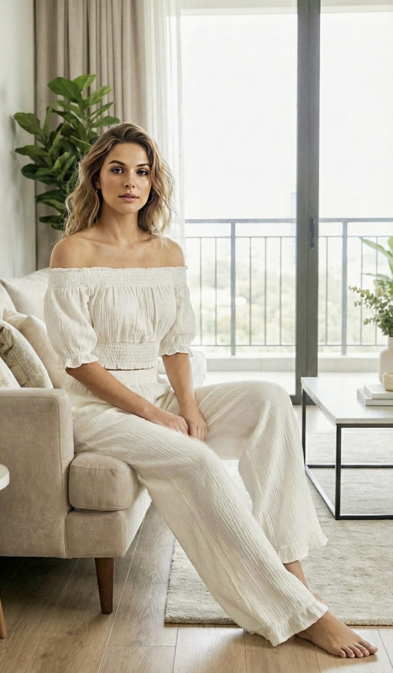 Ivory Off-Shoulder Smocked Top & Pant Co-Ord Set