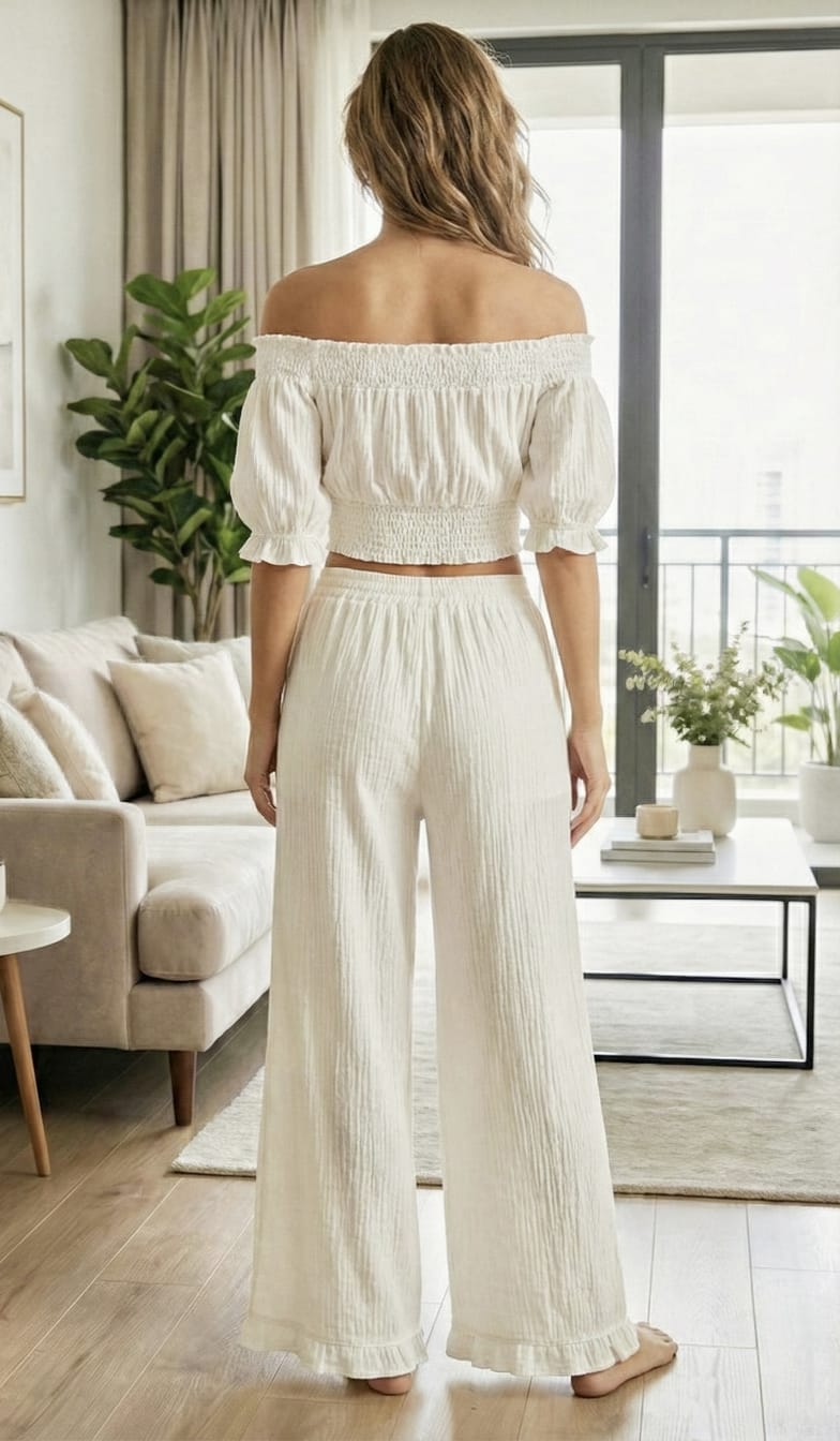 Ivory Off-Shoulder Smocked Top & Pant Co-Ord Set