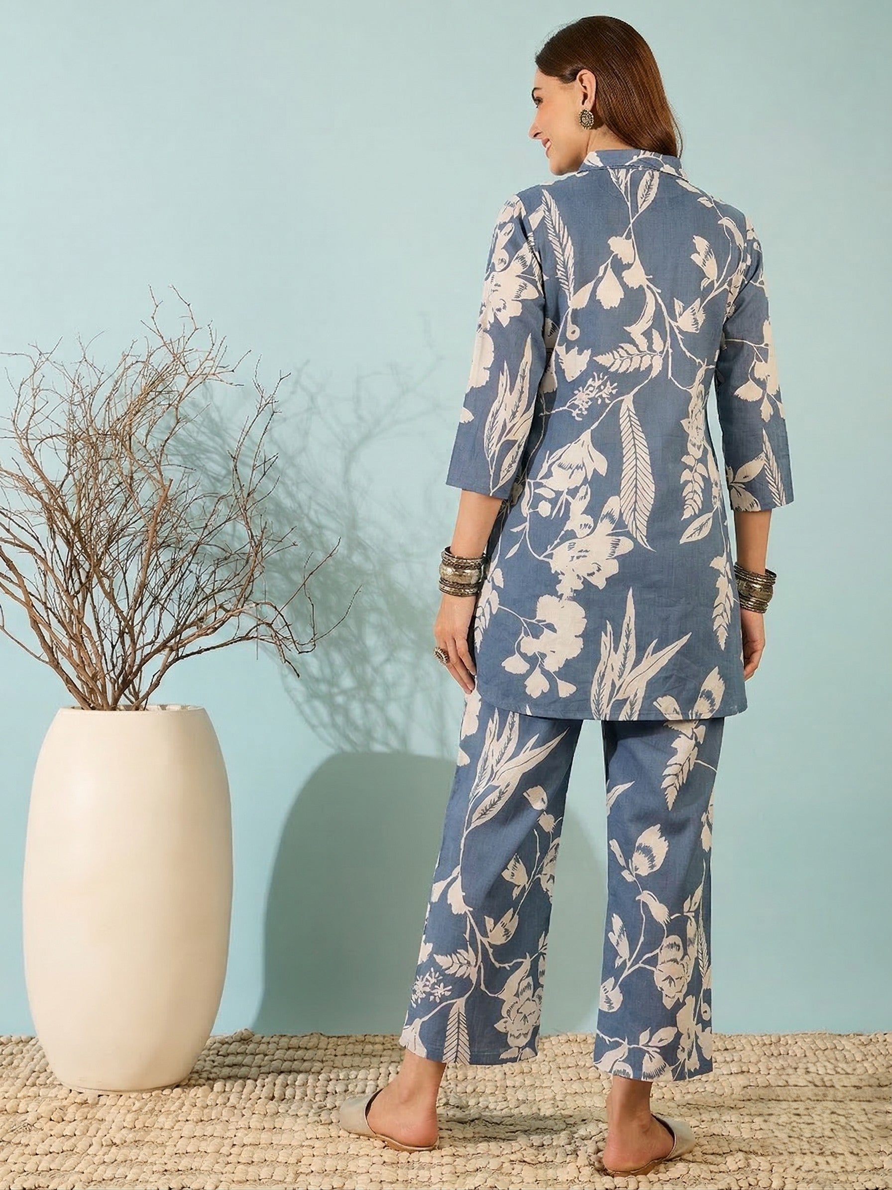 Blue Floral Printed Kurta with Wide Leg Pants Co-Ord Set for Women