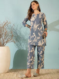 Blue Floral Printed Kurta with Wide Leg Pants Co-Ord Set for Women