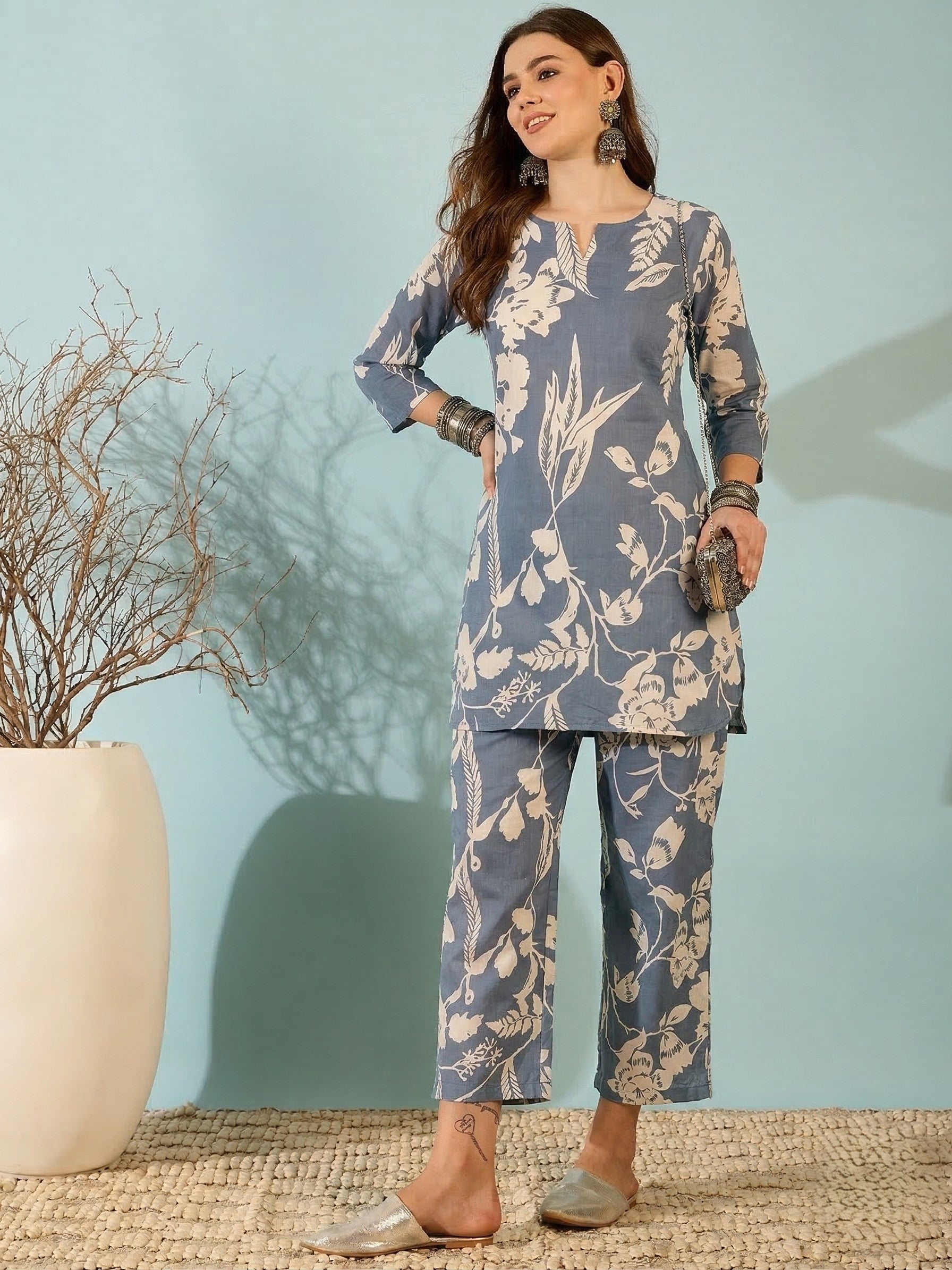 Blue Floral Printed Kurta with Wide Leg Pants Co-Ord Set for Women